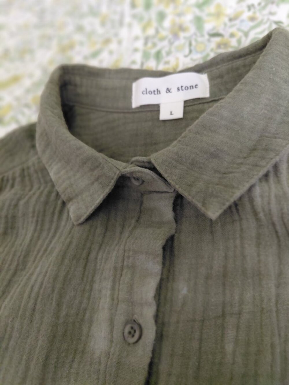 Clark & Stone Size Large,  Soft cotton gauze blouse. Olive Green Space Dyed.